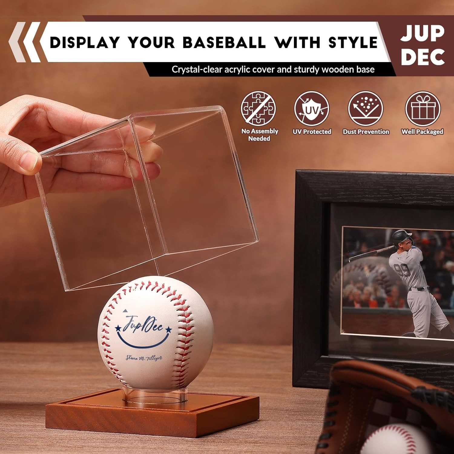Clear Acrylic Baseball Holder with Wooden Base for Signed Balls – 1 Pack