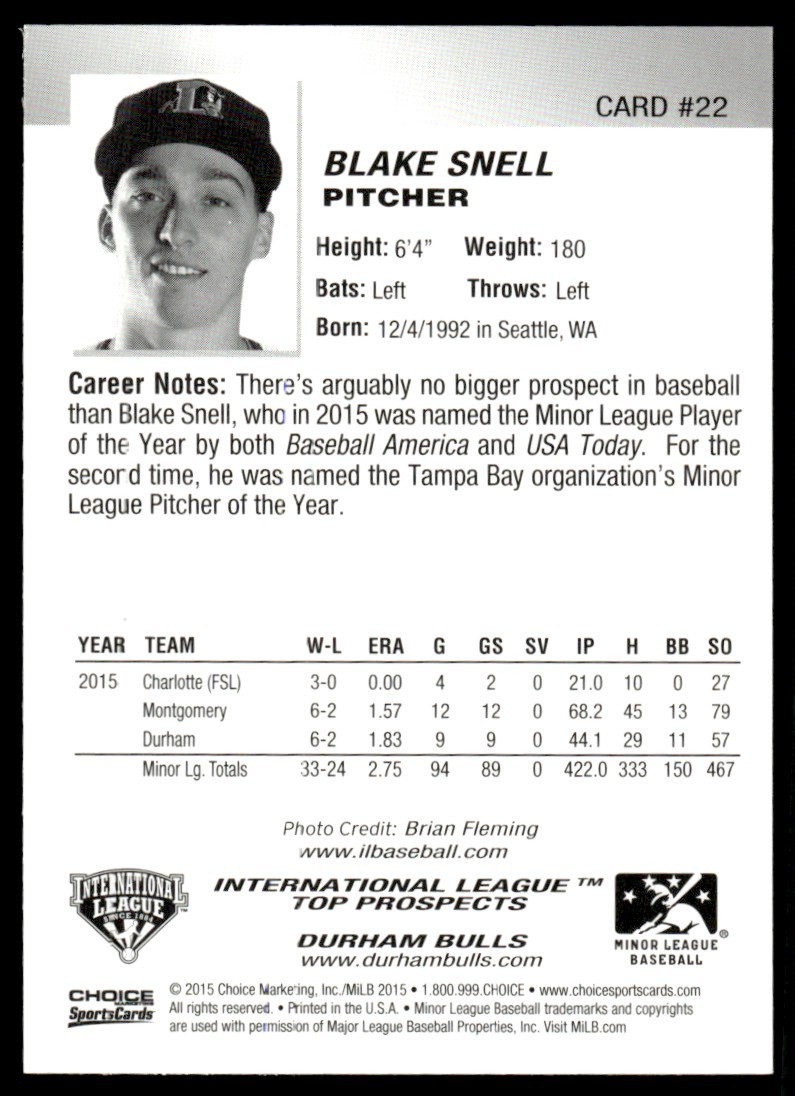 2016 Blake Snell Choice Minor League Rookie Card AAA Top Prospects