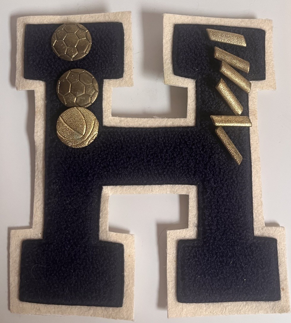 Varsity Letter H Patch With Soccer and Basketball Award Pins Blue with White