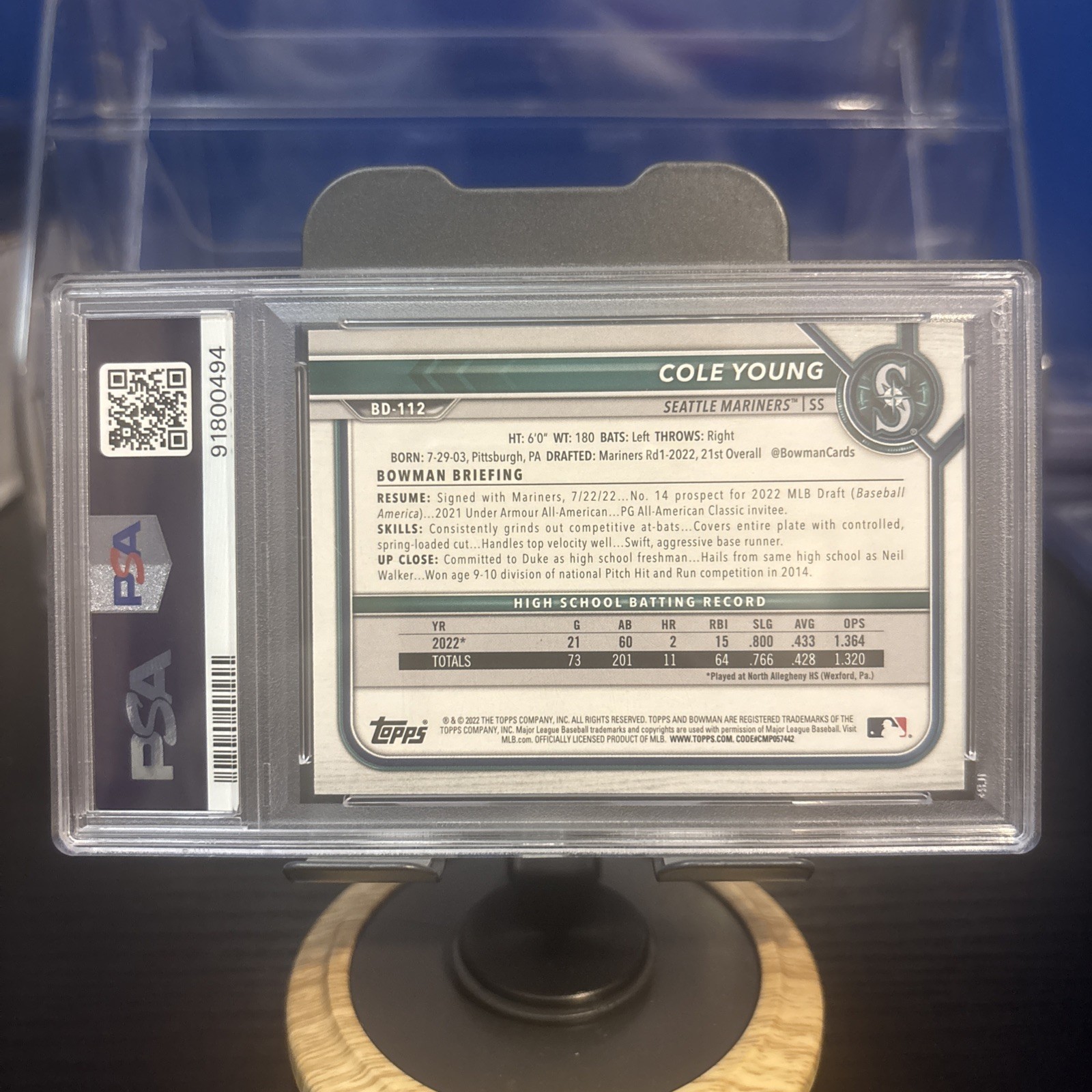 2022 Bowman Draft 1st Edition Cole Young Gold Foil /50 #BD-112 PSA 10
