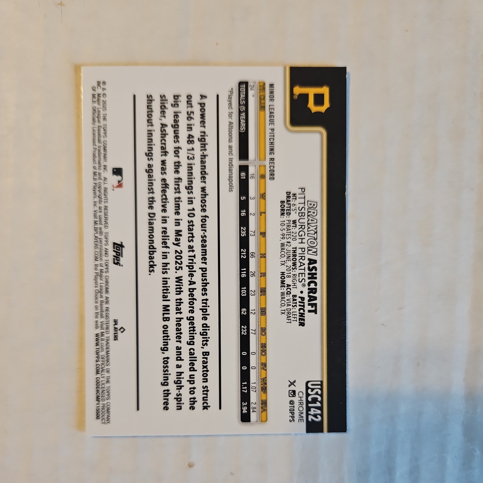 2025 Topps Chrome Update Series – Braxton Ashcraft #USC142 Prism Refractor (RC)