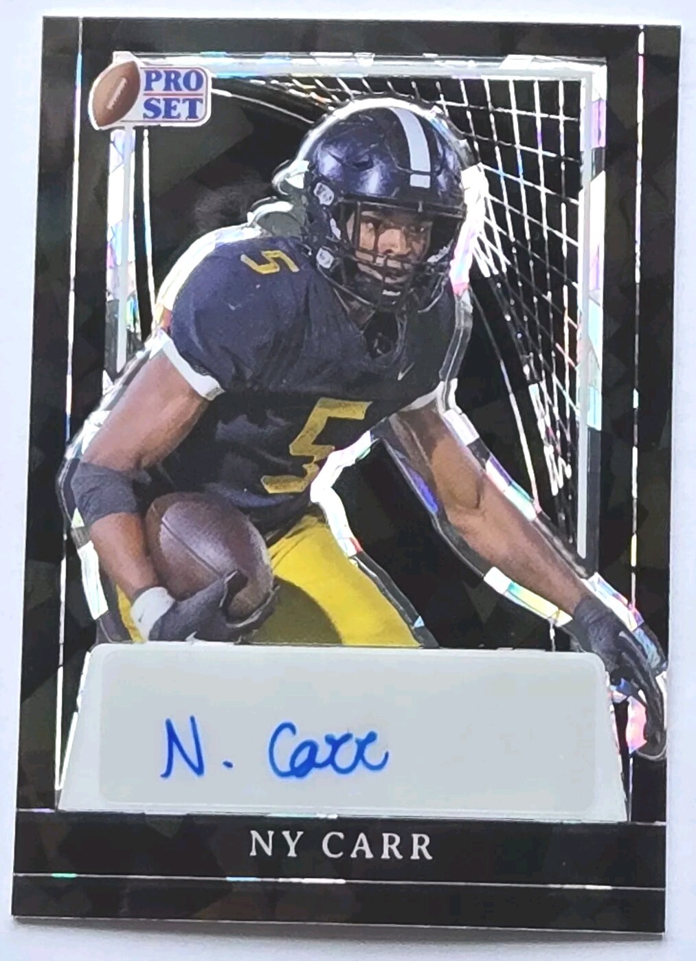 NY CARR 🔥 5/5 AUTO 2024 LEAF PRO SET METAL FOOTBALL BLACK CRYSTAL BORDERED PRZM