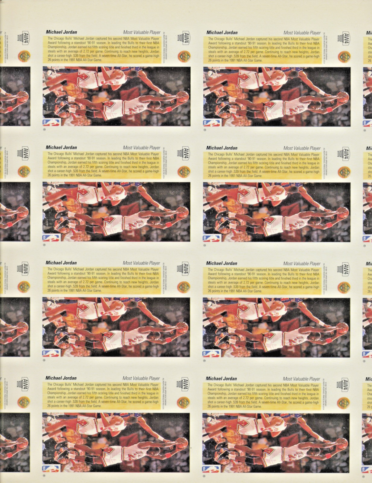 Upper Deck 1991 Michael Jordan MVP AW4 Hologram Cards Uncut Card Sheet RARE!
