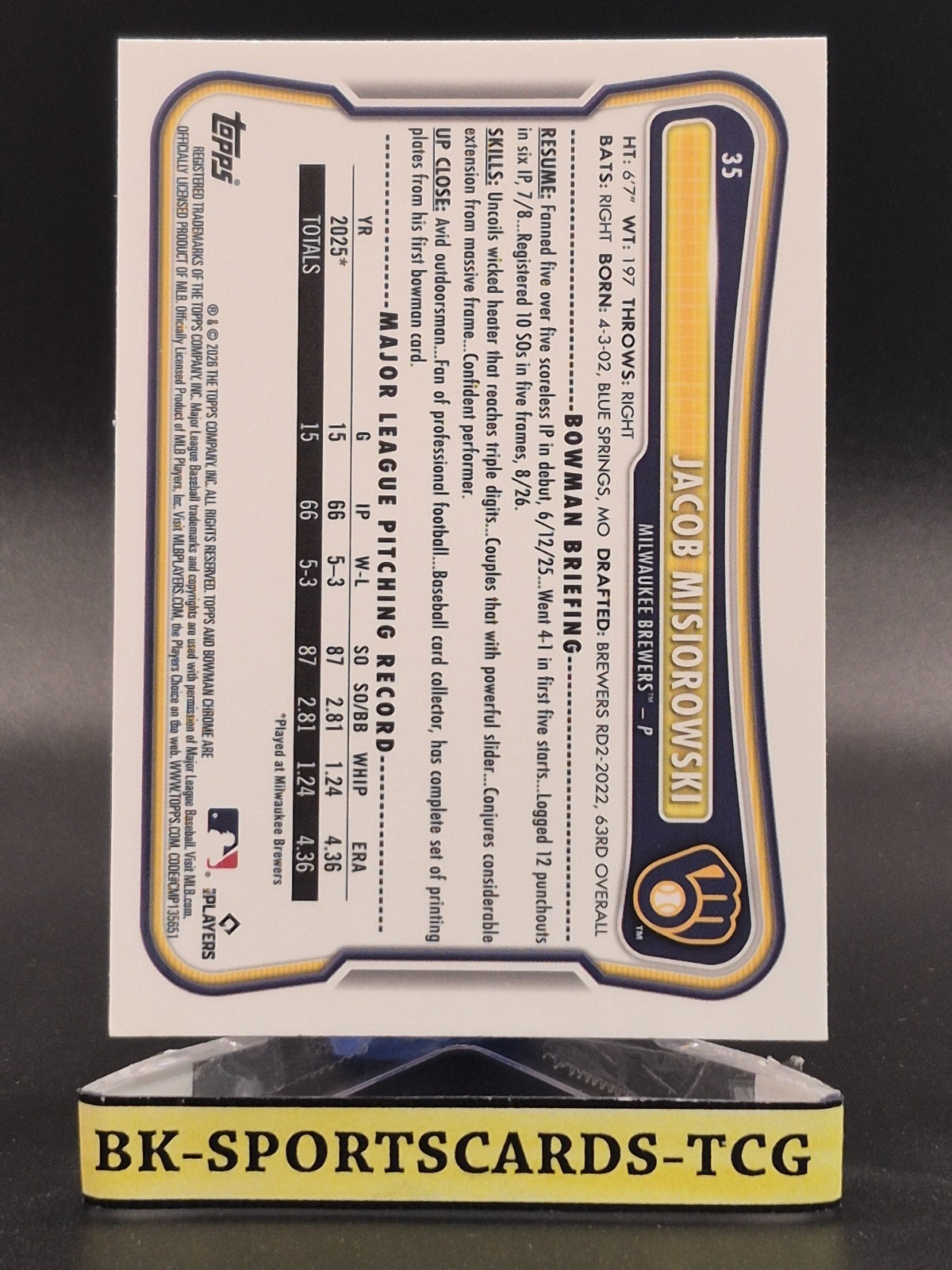 2026 Bowman Mega JACOB MISIOROWSKI Mojo Refractor Rookie RC Milwaukee Brewers