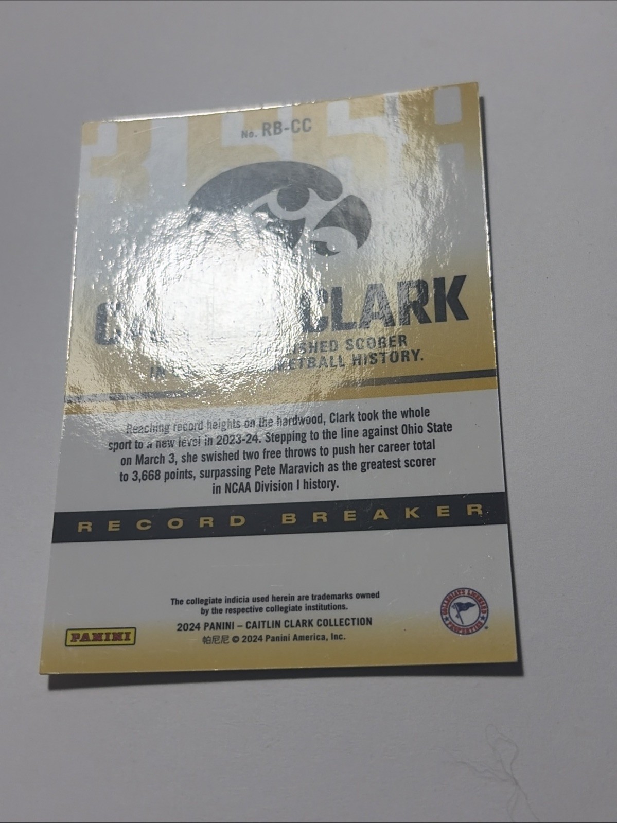 2024 Panini Caitlin Clark Collection – Record Breaker Caitlin Clark #RB-CC (RC)