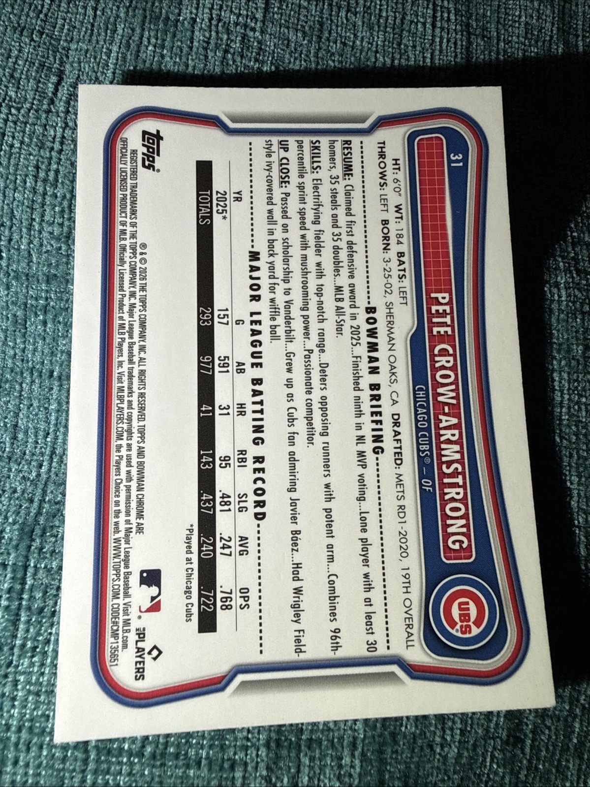 2026 Bowman Baseball Pete Crow-Armstrong Chrome Mojo Refractor – Chicago Cubs