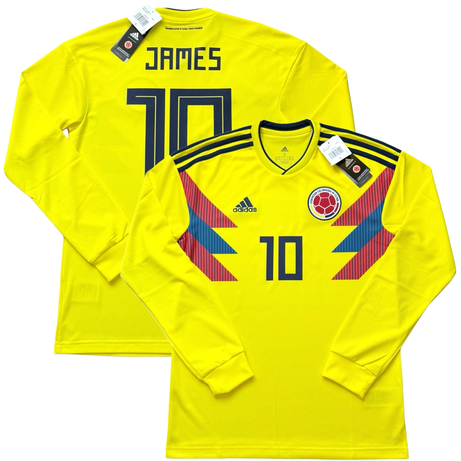 2018 Colombia Home Jersey #10 James Rodriguez Small adidas Long Sleeve World Cup