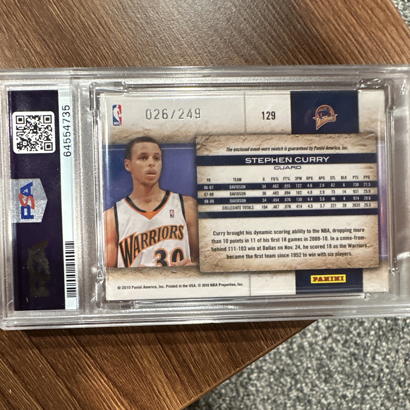 2009 Stephen Curry Panini Studio Materials ROOKIE 026/249 Graded Card PSA 9