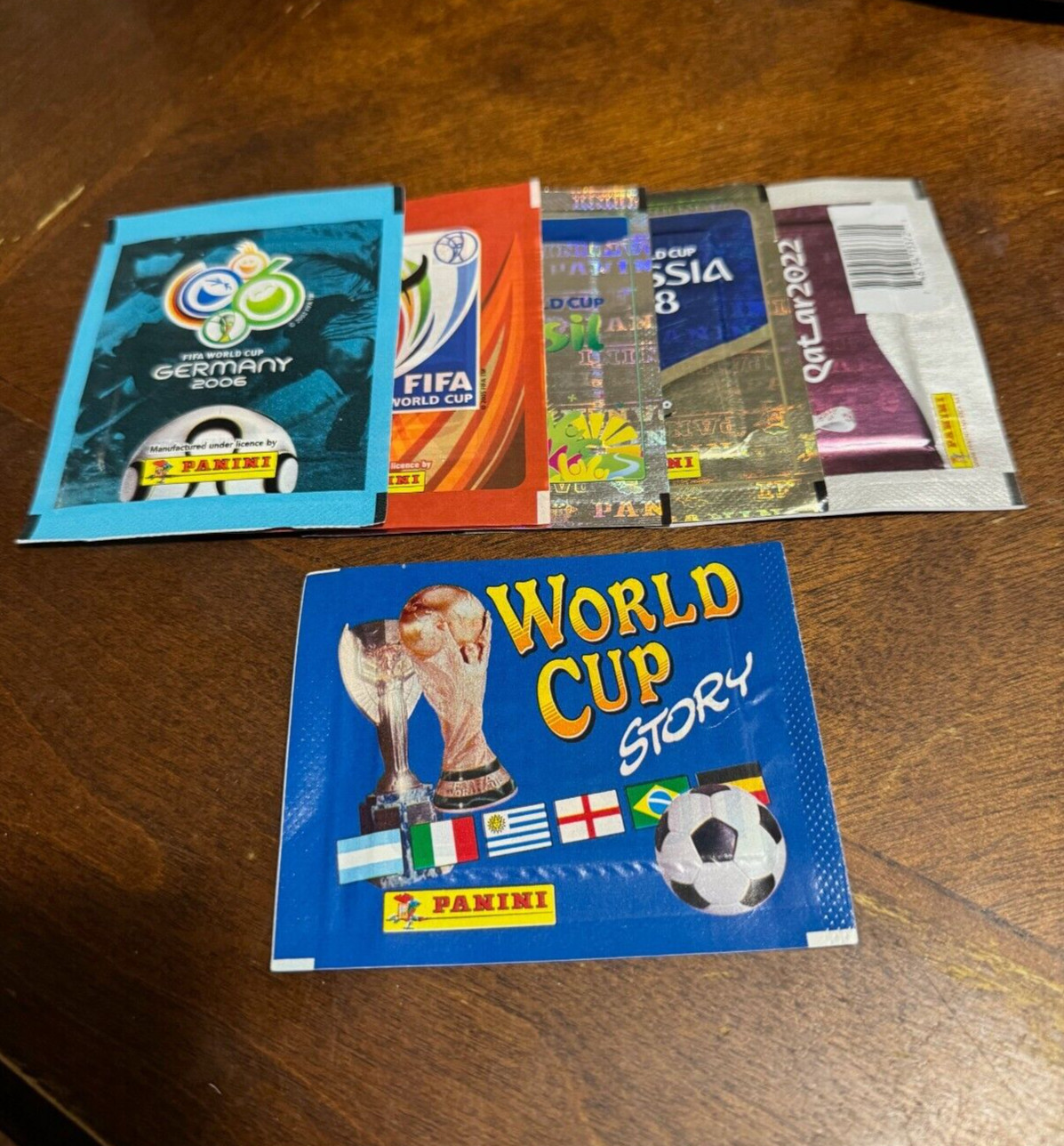 (6) Sealed Packs Panini World Cup Stickers 94′ 2006-2022 Messi Ronaldo WC Rookie