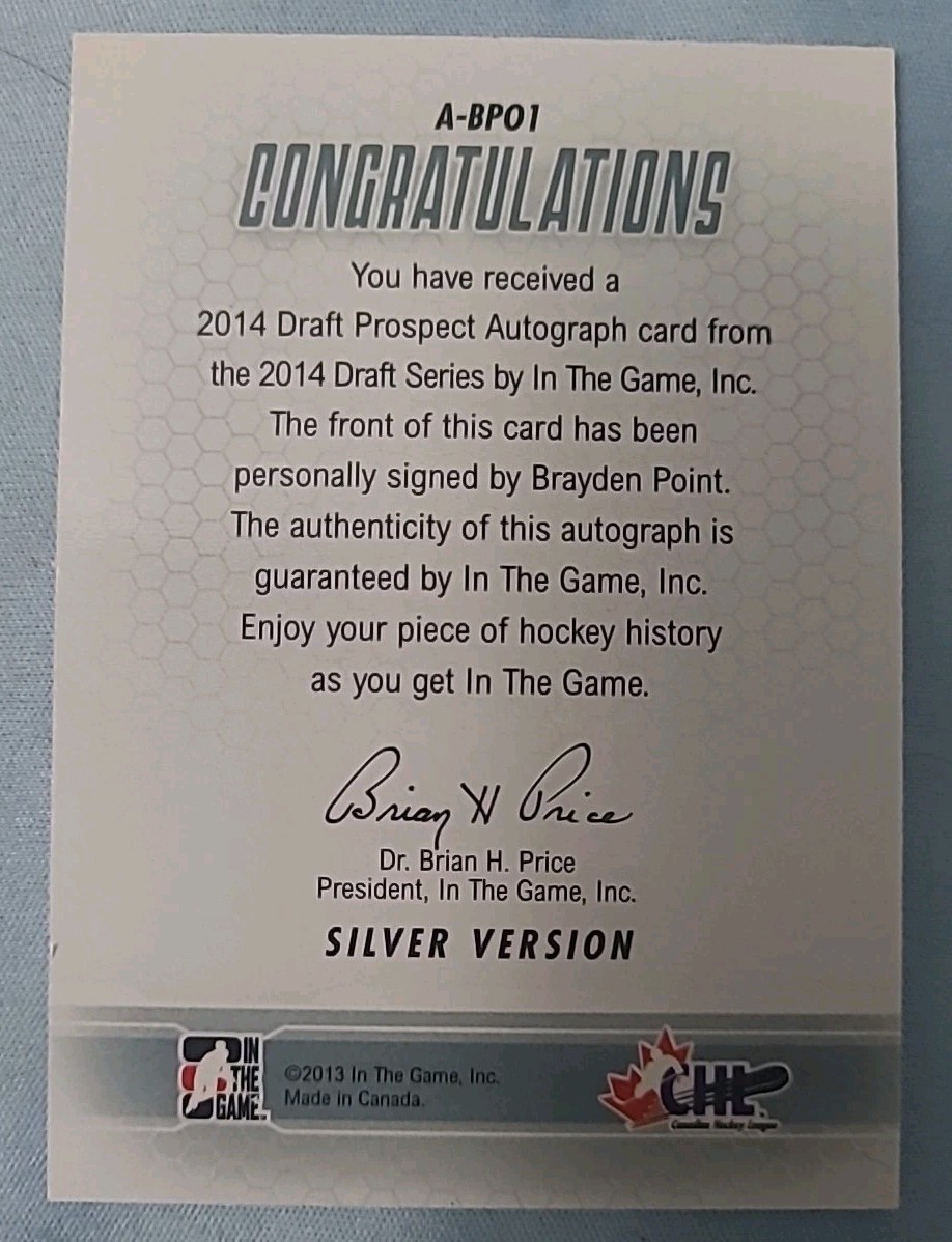 Brayden Point LIGHTNING 2013-14 ITG Heroes And Prospects Silver Autograph /200