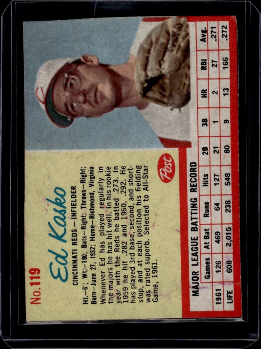 1962 Post Baseball #119 Ed Kasko, Vg, Hand Cut, Cincinnati Reds
