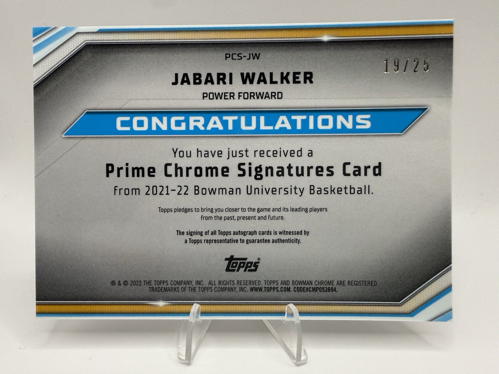 2021-22 Bowman U Chrome – Jabari Walker Prime Signatures Auto Orange /25 #PCS-JW