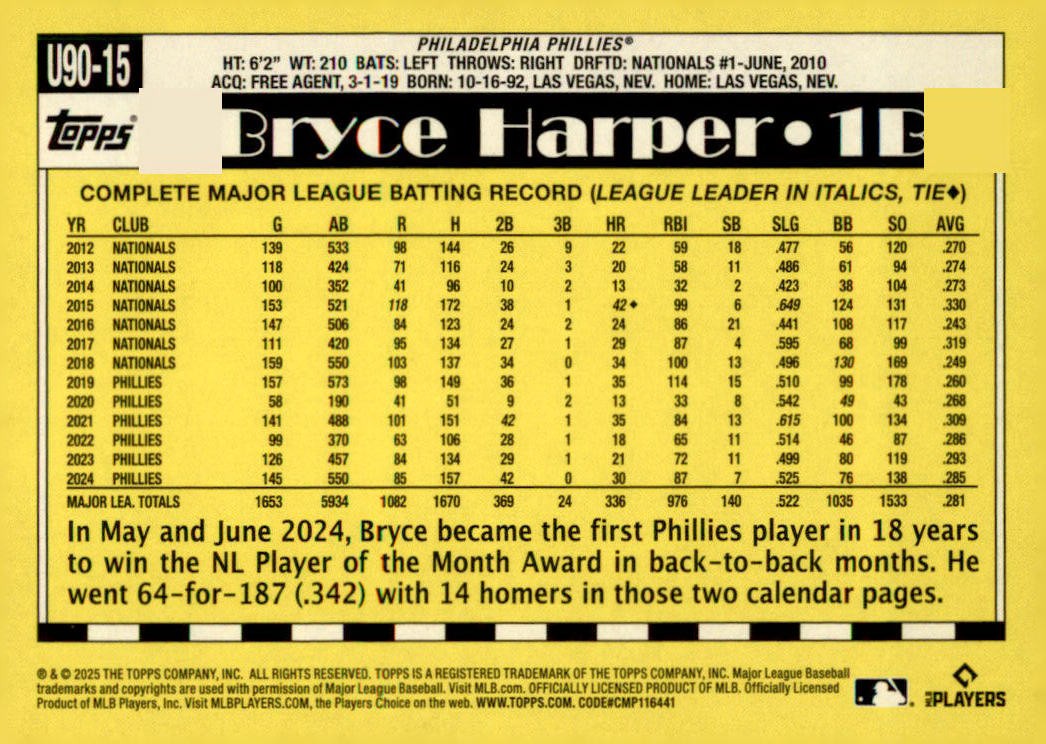 2025 Topps Update #U90-15 Bryce Harper 1990 Topps Baseball 35th Anniversary