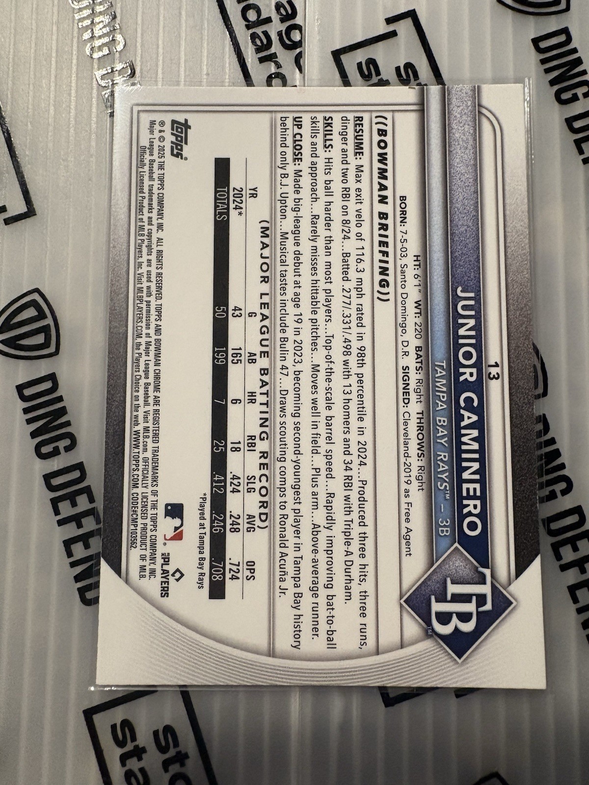 2025 Bowman Chrome – Junior Caminero #80 Pink Mojo Refractor /199
