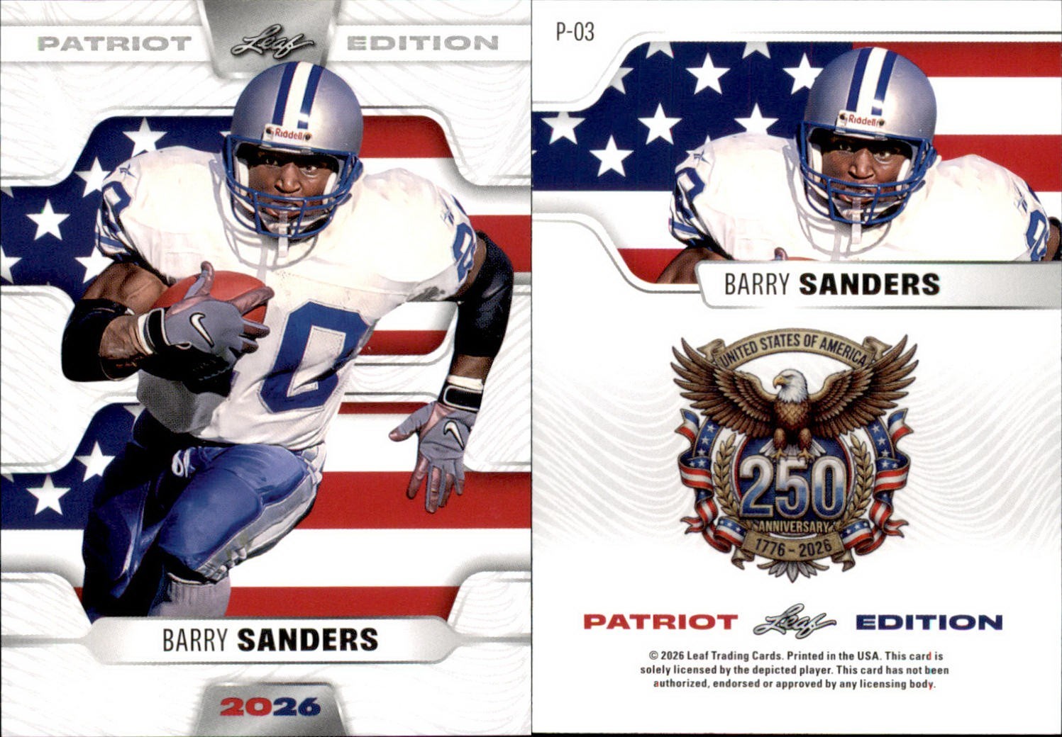 2026 LEAF 250TH ANNIVERSARY PATRIOT EDITION BARRY SANDERS P-03 FOOTBALL