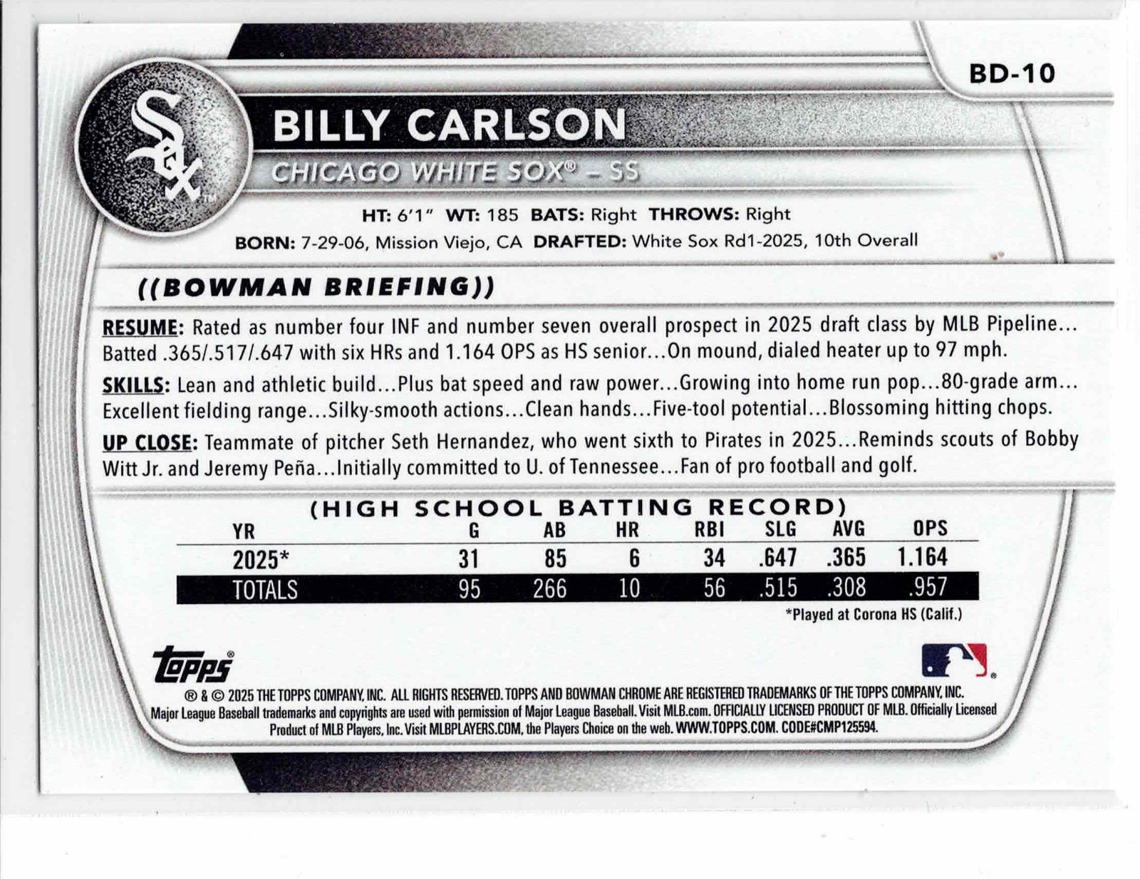 Billy Carlson Chicago White Sox 2025 Bowman Draft 1st Bowman ****