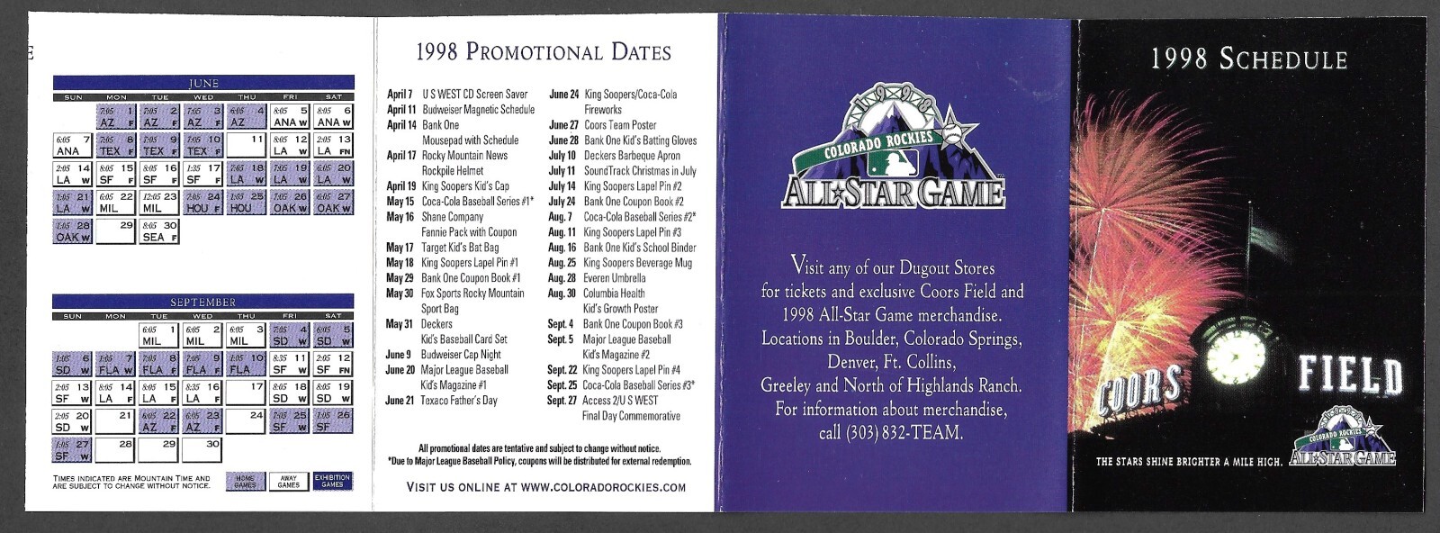 1998 COLORADO ROCKIES Regular Season POCKET SCHEDULE NM-MINT