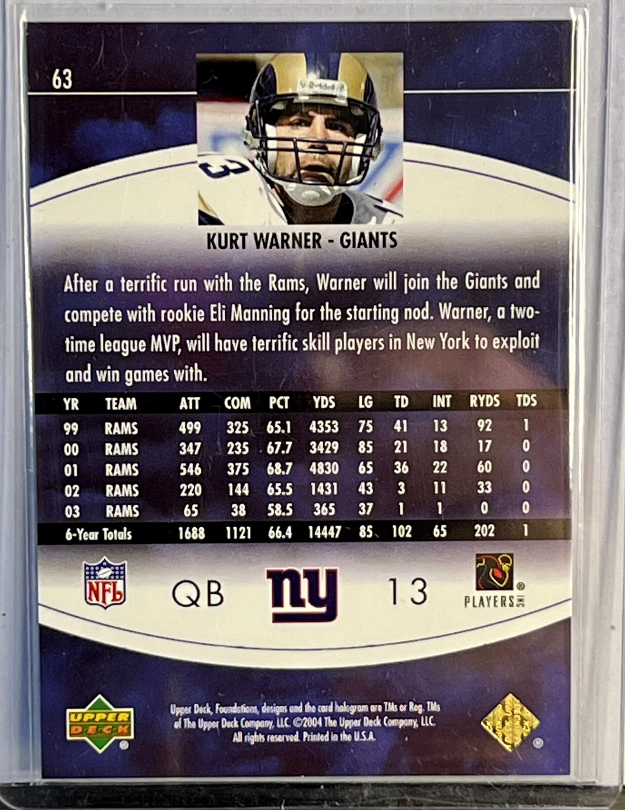 2004 Upper Deck Foundations #63 KURT WARNER Exclusive Rainbow Silver #/100