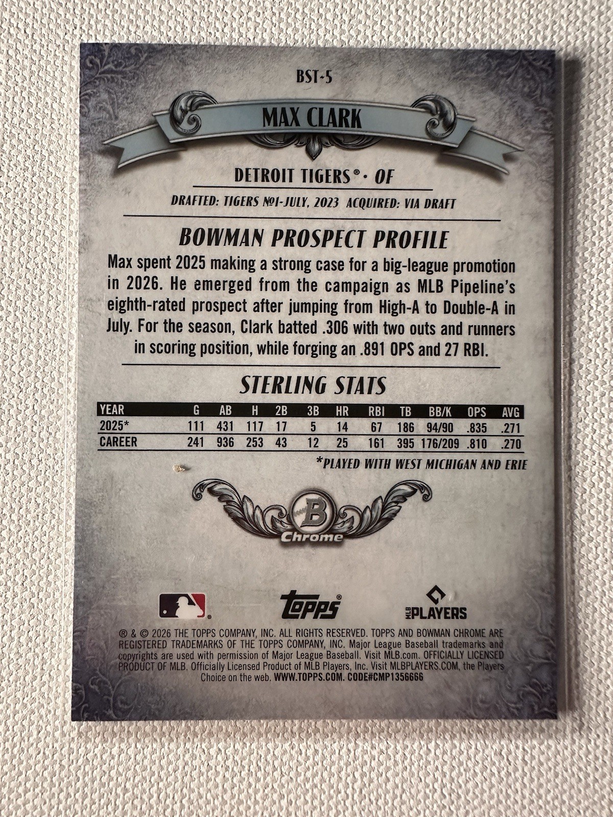 2026 Bowman Chrome Max Clark Bowman Sterling Mojo Refractor #5 – Tigers
