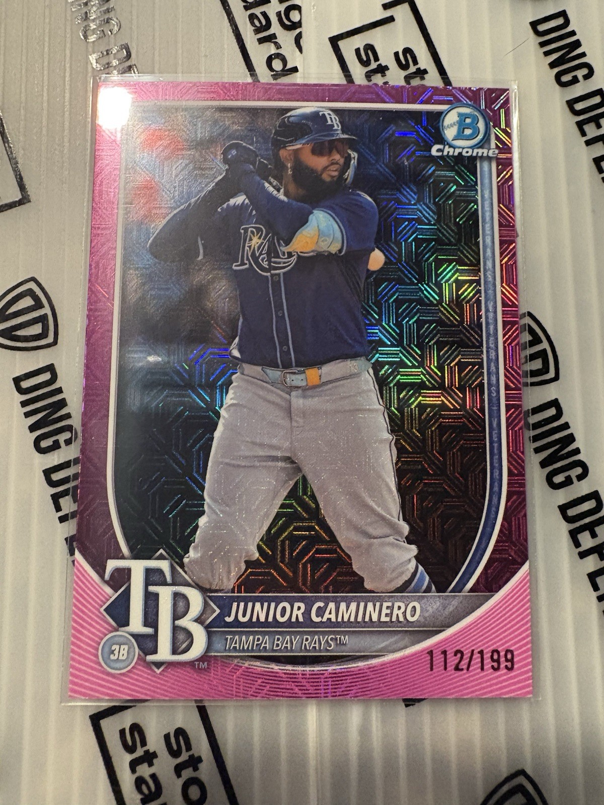 2025 Bowman Chrome – Junior Caminero #80 Pink Mojo Refractor /199