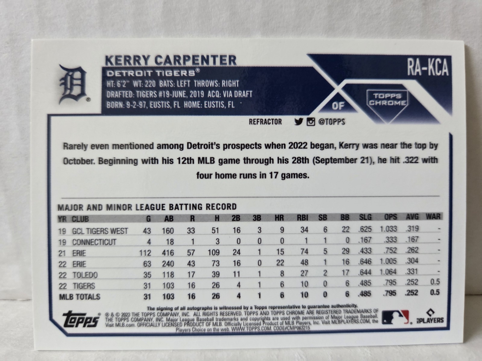 Kerry Carptenter 2023 Topps Chrome Refractor On-Card Auto /499 Rookie Tigers