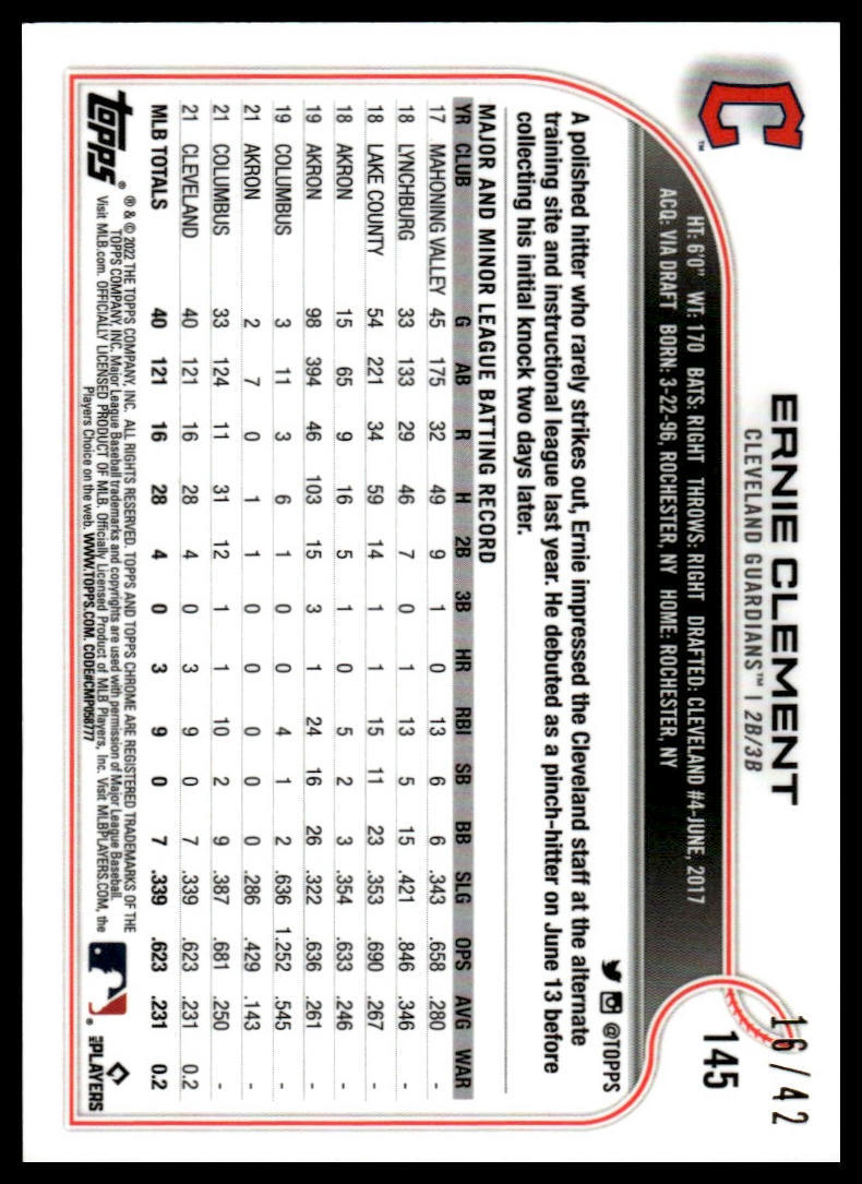 2022 Topps Chrome Ben Baller Edition Ernie Clement #145 Purple Refractor /42 QTY