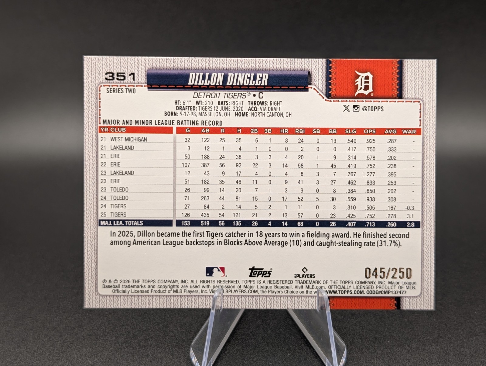 2026 Topps Series 2 Dillon Dingler /250 Detroit Tigers Purple Foil