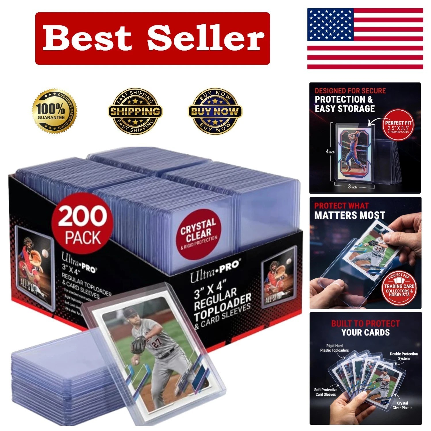 Durable 3” x 4” Clear Toploaders and Card Sleeves Bundle – 200ct Protector Set