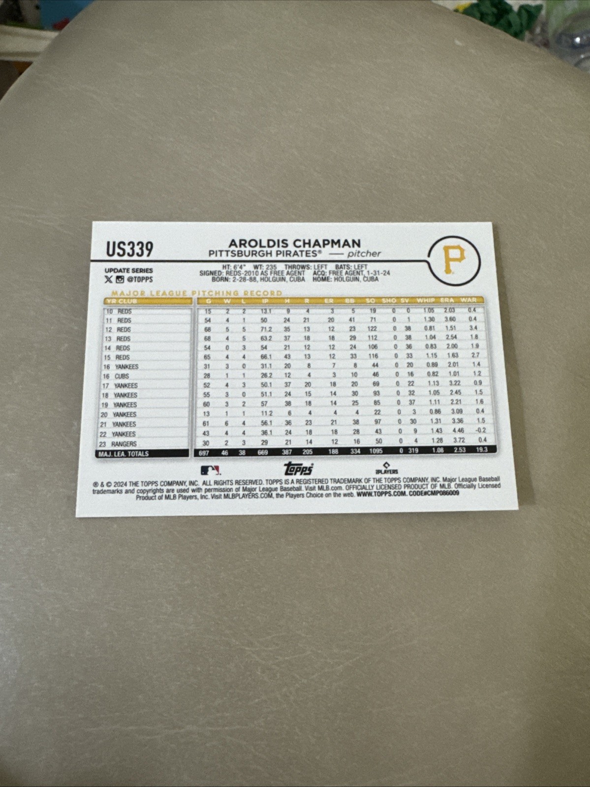 Aroldis Chapman 2024 Topps Update #US339 Pittsburgh Pirates