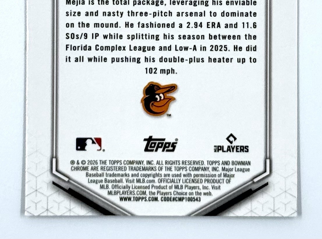 2026 Bowman Baseball Esteban Mejia #BTP-96 Top 100 Prospects SP Orioles