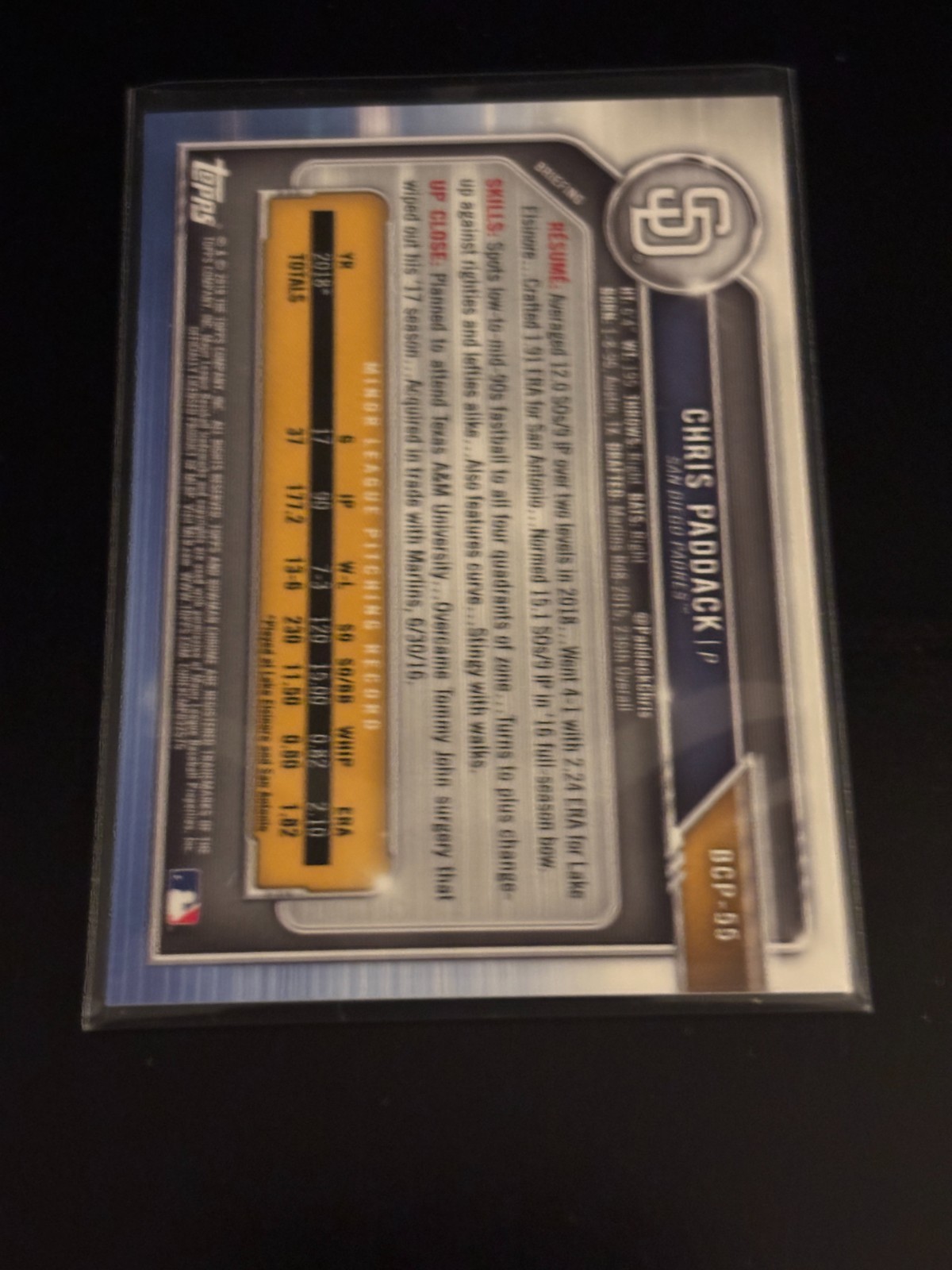 Chris Paddack 2019 Bowman Chrome Green Shimmer Refractor /99 Padres BCP-55