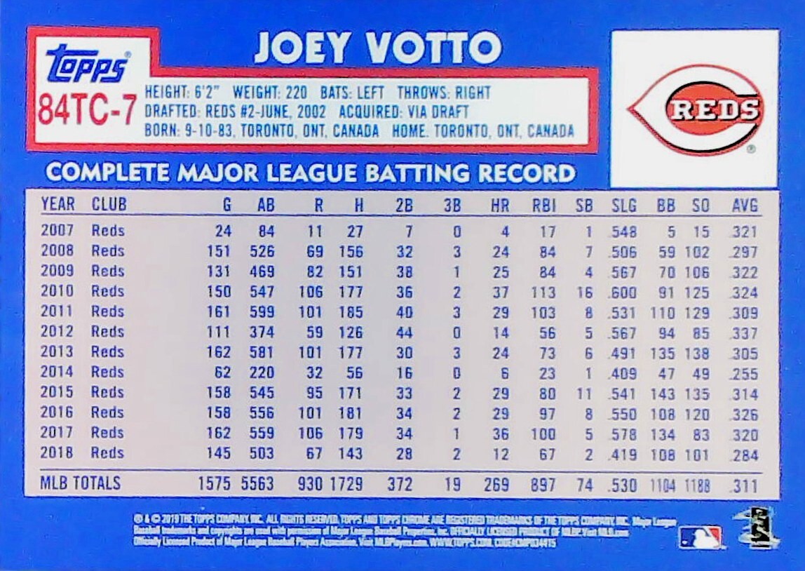 2019 TOPPS CHROME 1984 VARIATION REFRACTOR 84TC-7 JOEY VOTTO CINCINNATI REDS