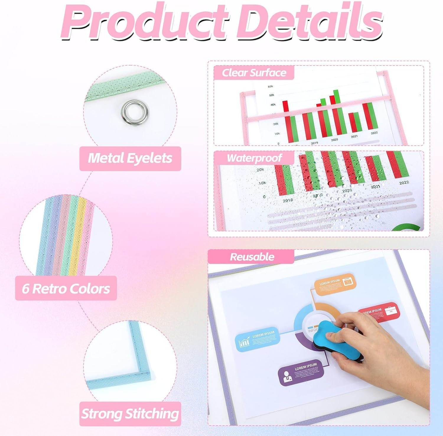 12 Pack Dry Erase Pockets 6 Assorted Colors 8.5 x 11 Inch Clear Plastic Sheet Pr