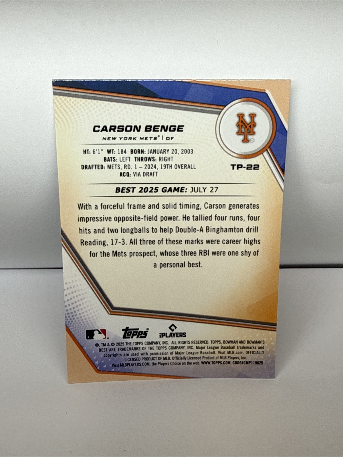 2025 Bowman’s Best Top Prospect Carson Benge New York Mets TP-22 Rookie
