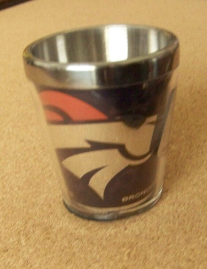 Denver Broncos full color horsehead logo shot glass metal lined plastic c42688