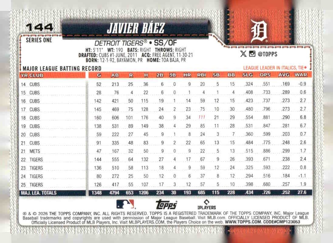 2026 Topps #144 Javier Báez
