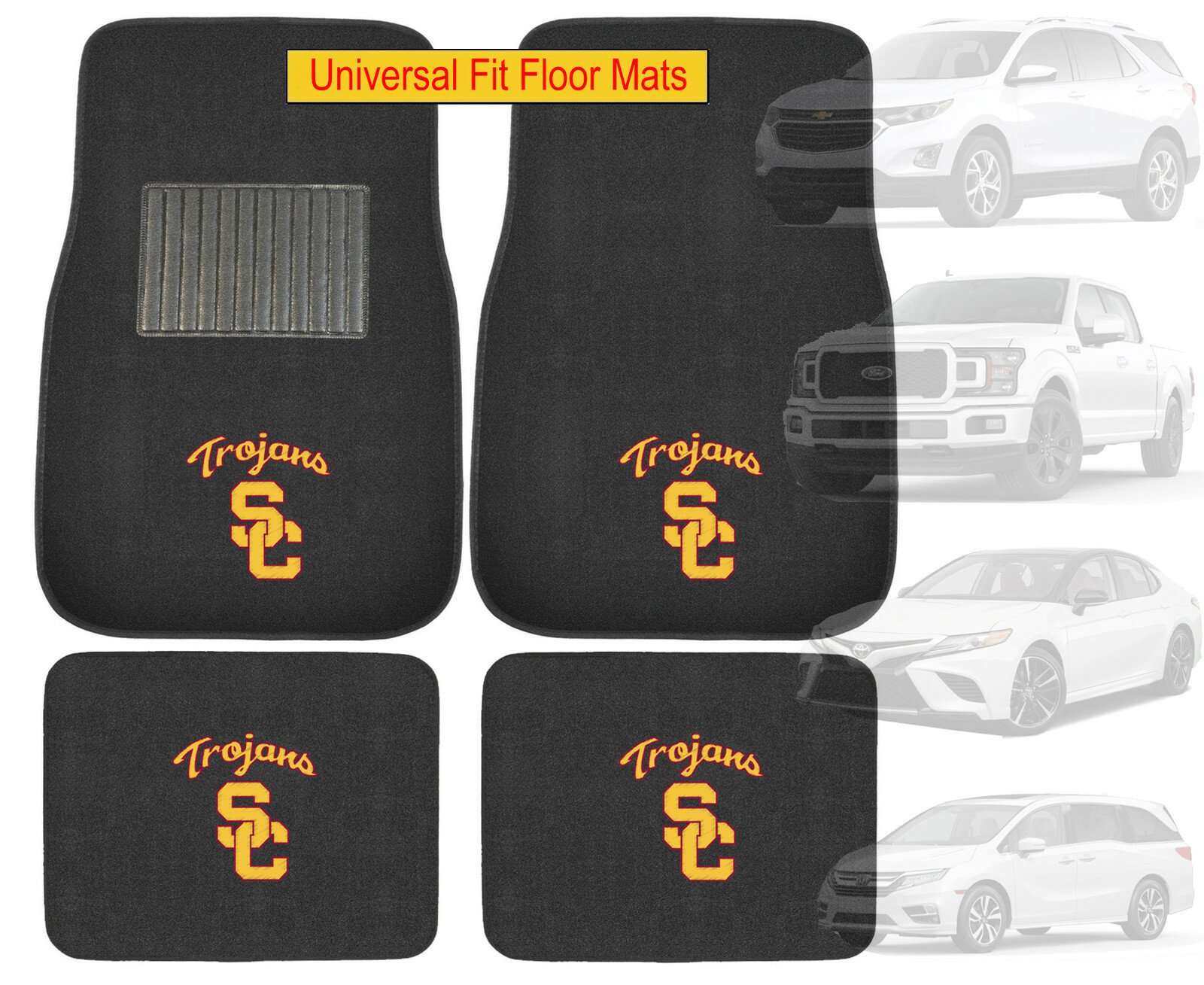 4PC NCAA USC Trojans Car Truck Black All Weather Carpet Floor Mats