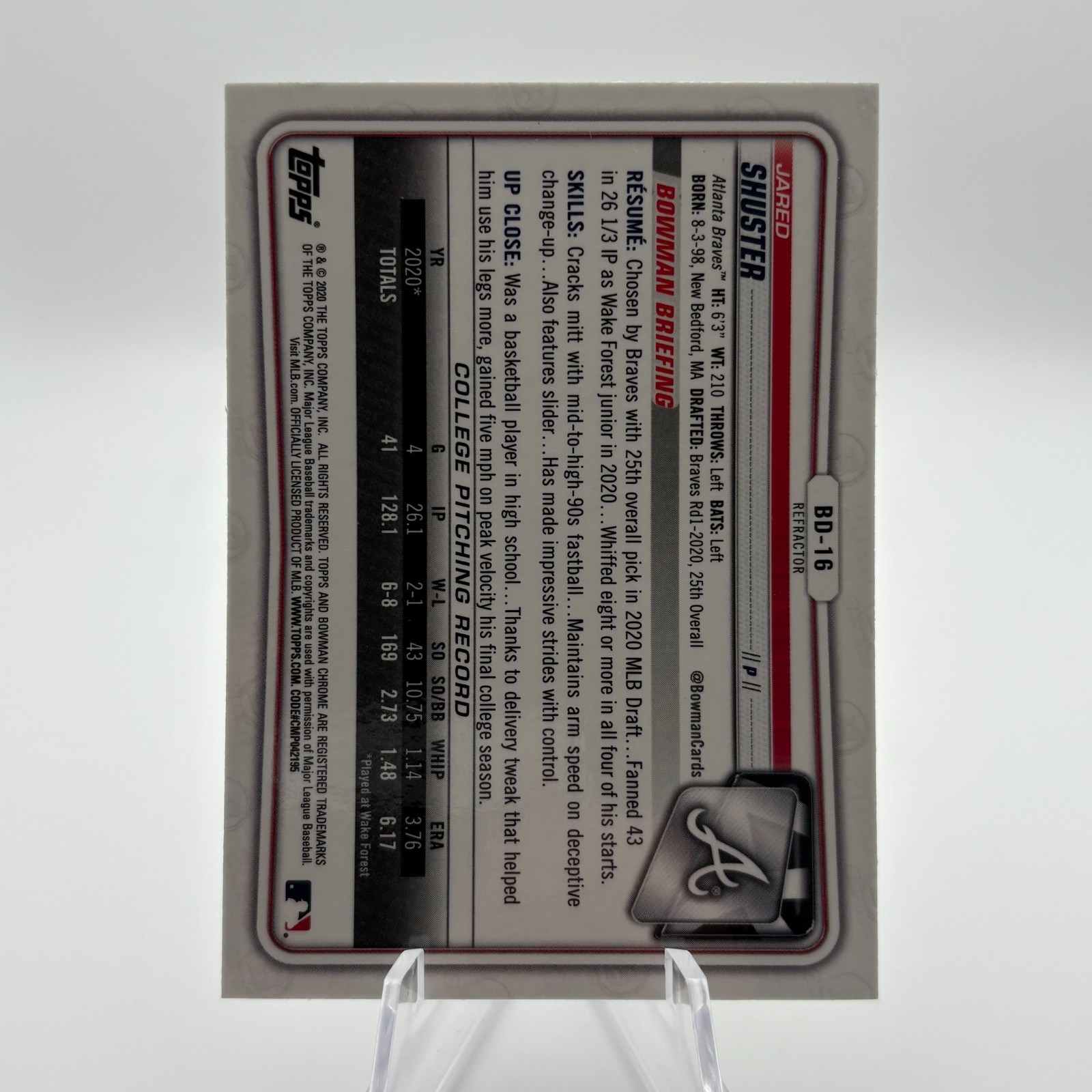 Jared Shuster 2020 Bowman Draft – 1st Bowman Chrome Refractor #BD-16 QTY