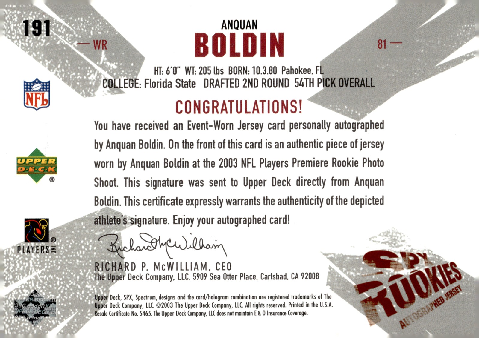 2003 SPx #191 Anquan Boldin #/1100