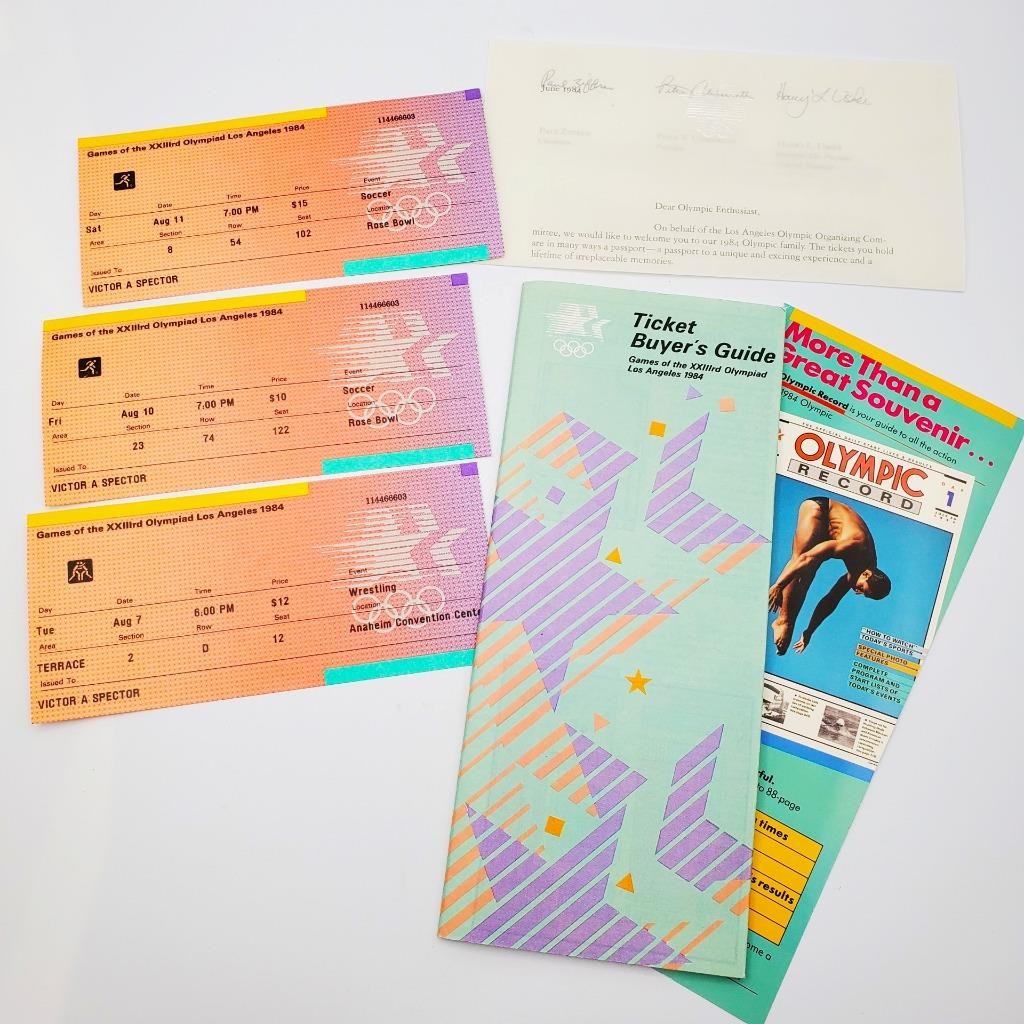 LA Olympics 1984 LOT Soccer Tickets Letter Buyer’s Guide Wrestling Stamp # 2084