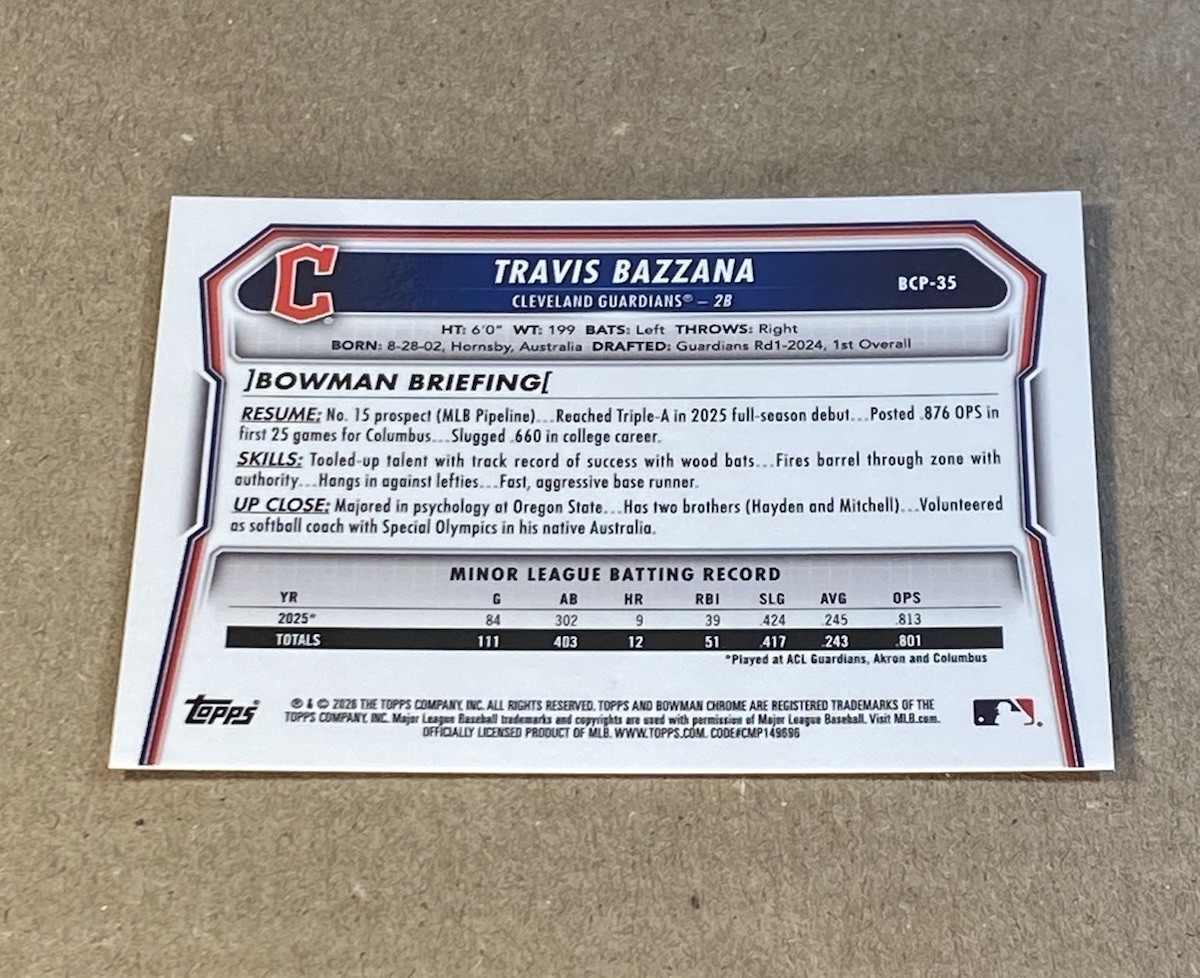 Travis Bazzana 2026 Bowman Chrome Prospect Orange Mojo Refractor /25 Guardians
