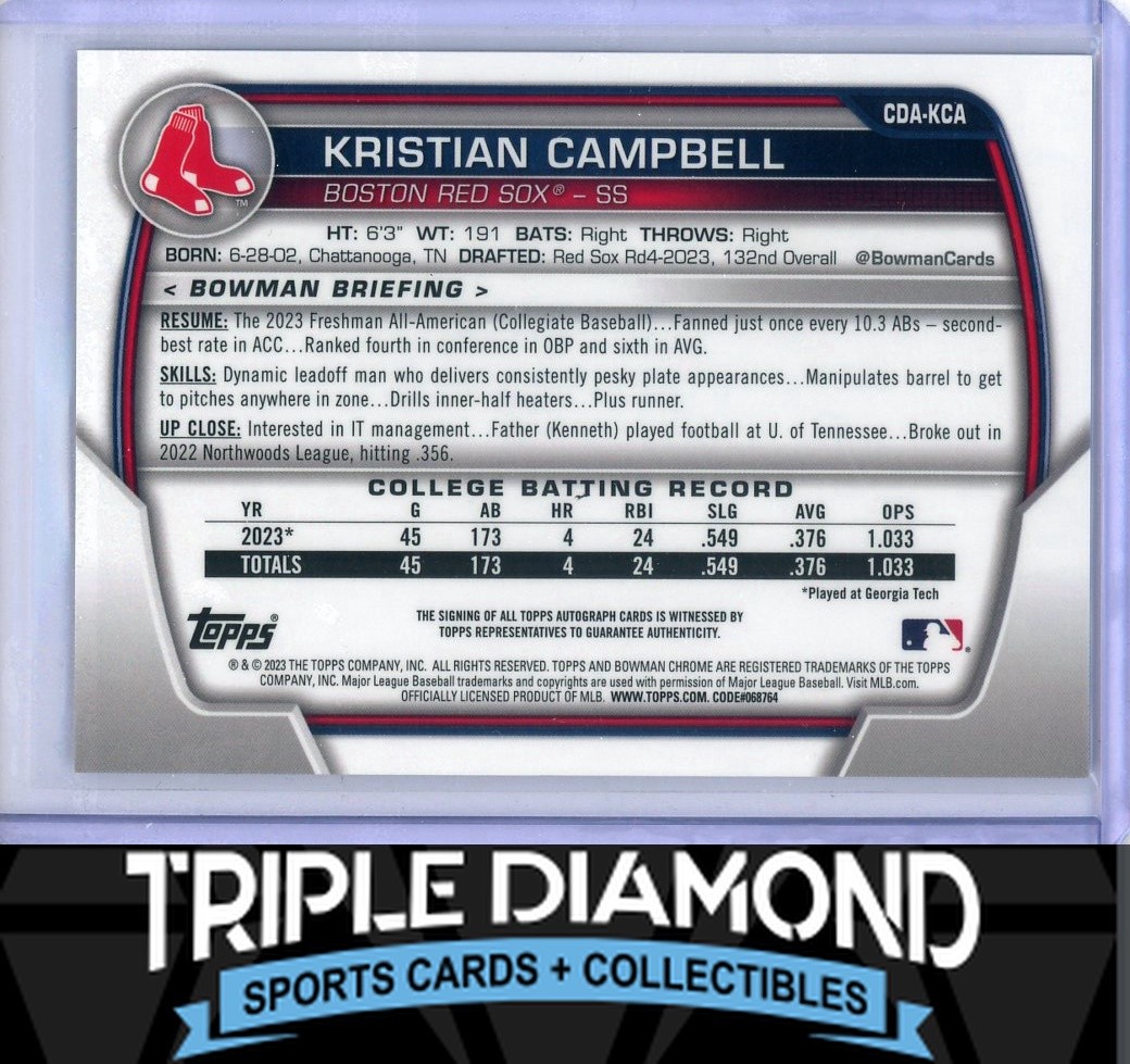2023 Bowman Draft Chrome 1st Kristian Campbell Prospect Autograph Auto B420