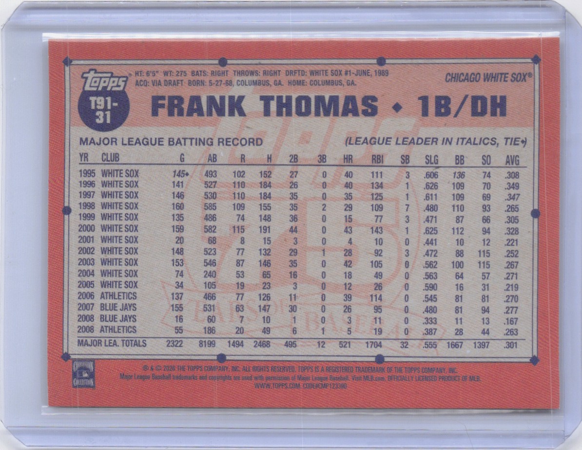2026 Topps Frank Thomas 1991 Throwback #T91-31 Chicago White Sox