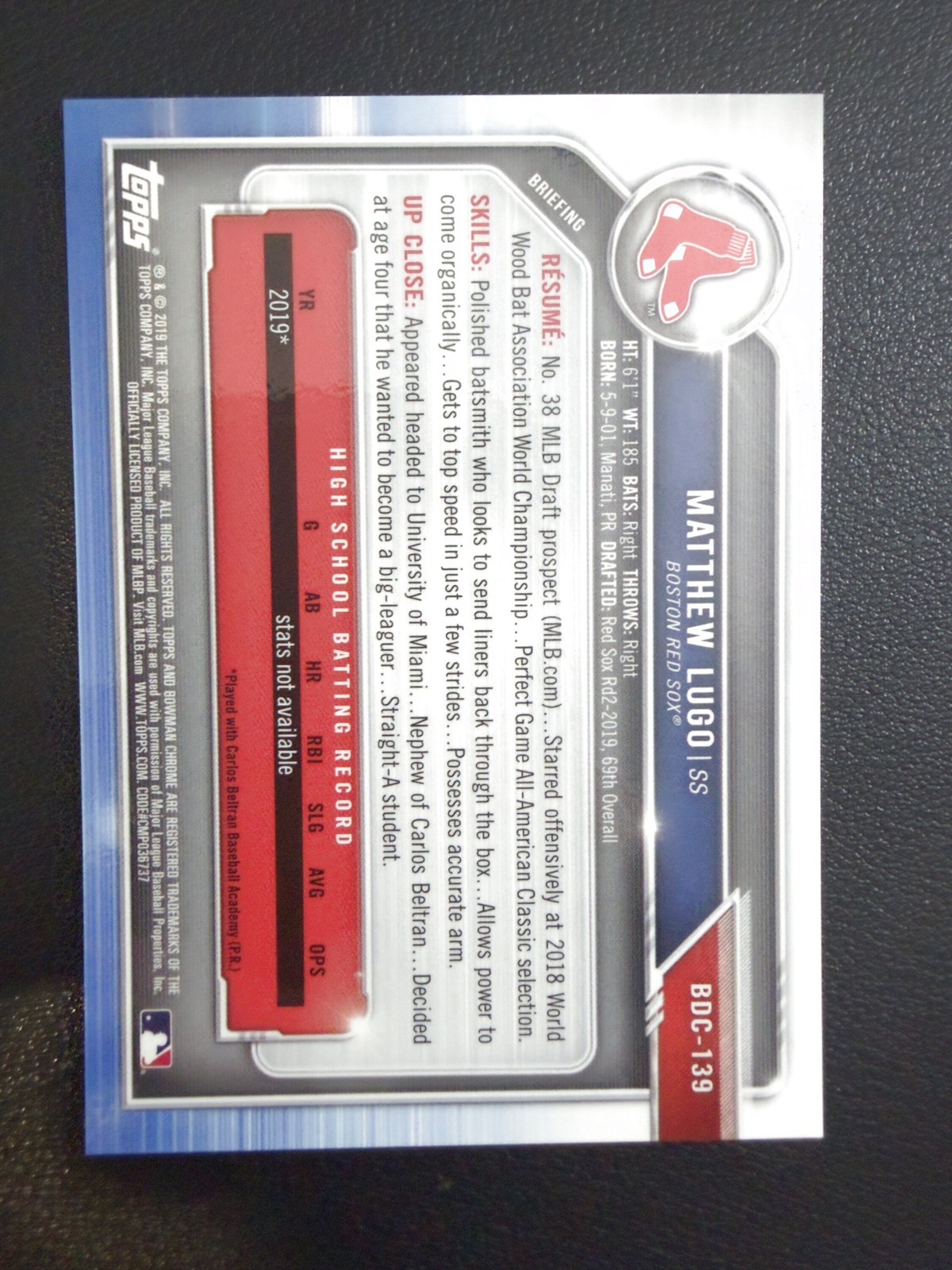2019 Bowman Chrome Draft Matthew Lugo 1st Bowman Asia Mojo Refractor #BDC-139
