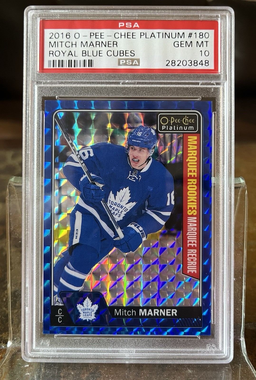 2016 O-Pee-Chee Platinum #180 Mitch Marner Royal Blue Cubes /99 RC PSA 10 Gem 💎