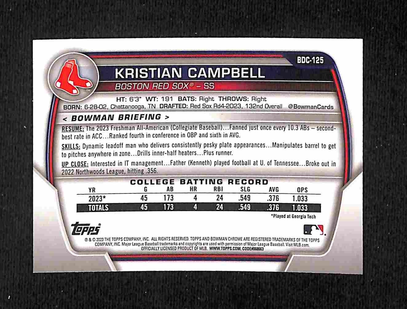 2023 Bowman Draft – Kristian Campbell Chrome 1st #BDC-125 Red Sox