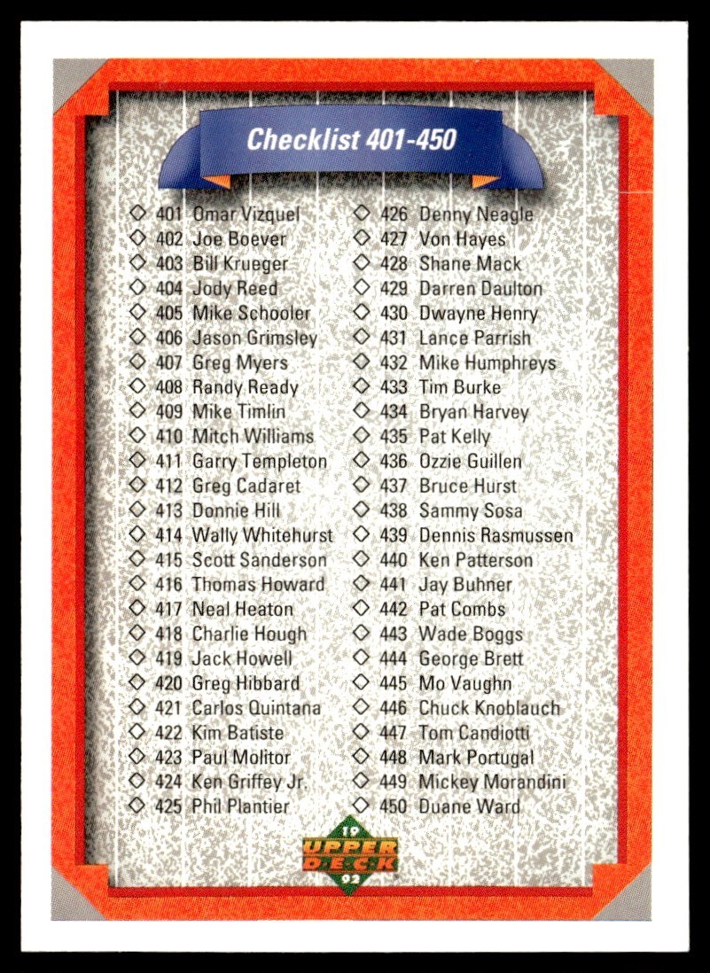1992 Upper Deck Checklist 401- #500