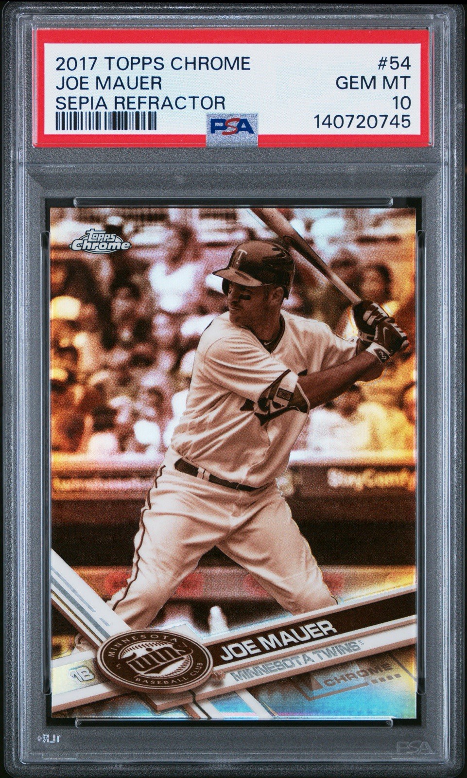 2017 Topps Chrome Joe Mauer #54 Sepia Refractor SP PSA 10 Twins HOF