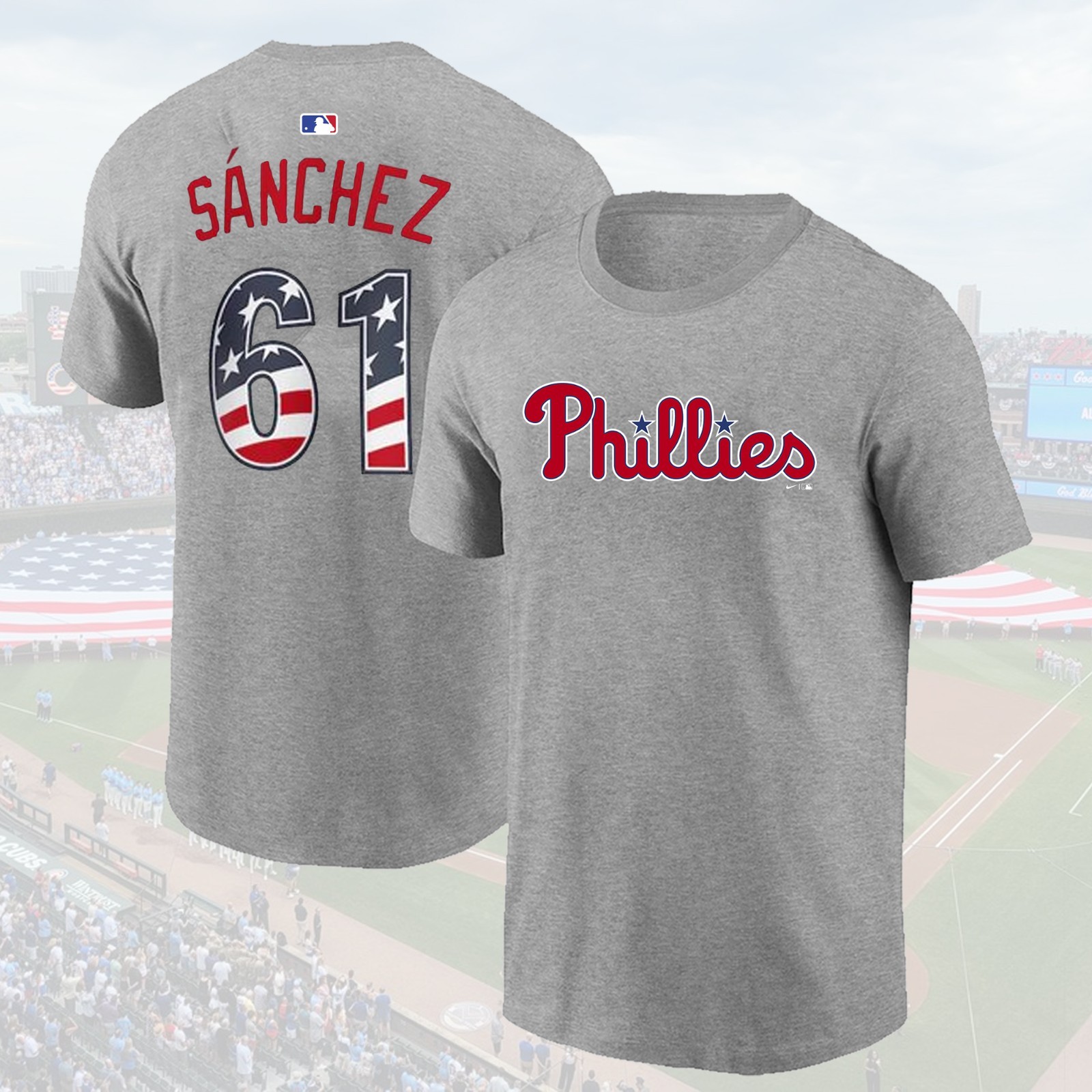 Philadelphia Phillies #61 Cristopher Sánchez USA 250 Fourth of July Name & Numb