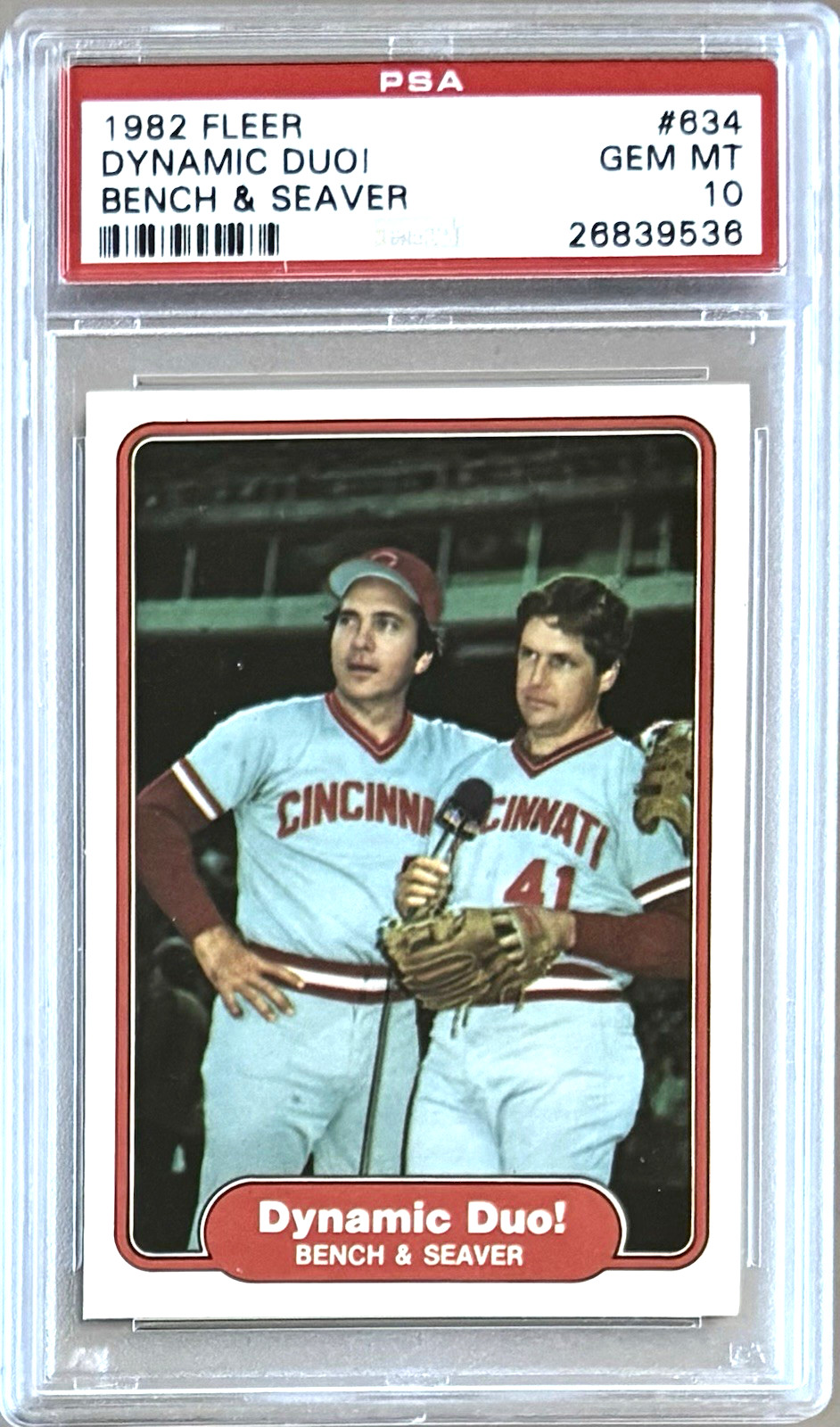 1982 FLEER #634 JOHNNY BENCH & TOM SEAVER HOF PSA 10 GEM MT REDS ** DYNAMIC DUO!